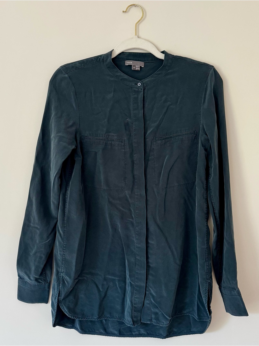 Vince 100% Silk Band Collar Button Down Blouse, Dark Teal Blue Womenâs Size 4